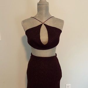 XS Novikov Eggplant/plum-colored slit skirt and tie top set.